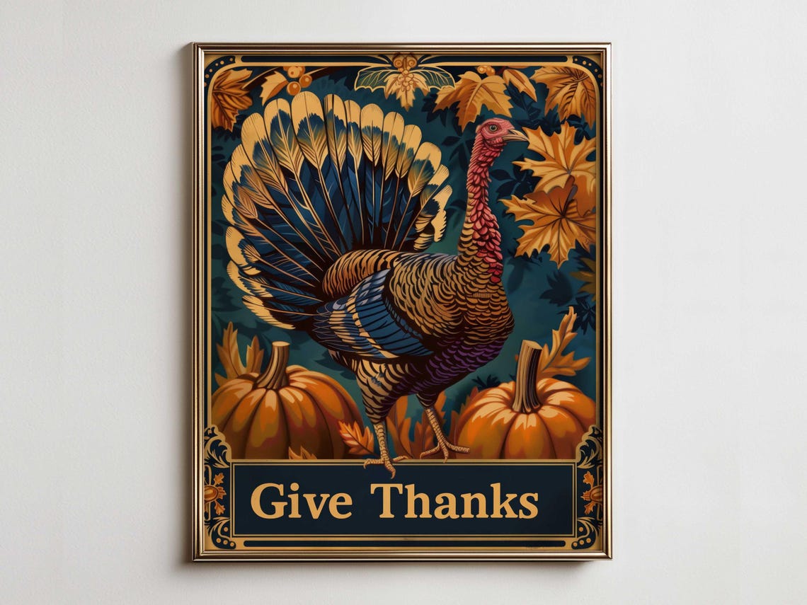 Vintage Give Thanks Turkey with Pumpkins Thanksgiving Poster