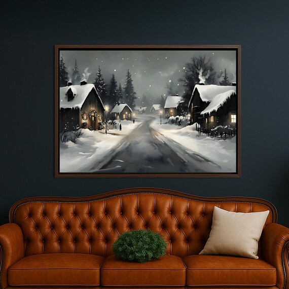 Snowy Christmas Village Night Street Lights Winter Scene Poster