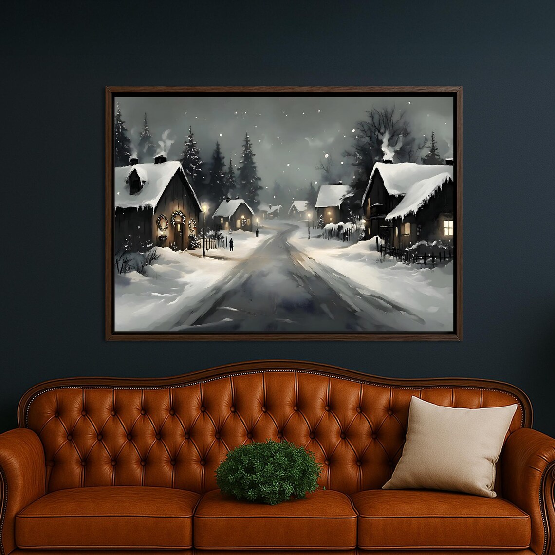 Snowy Christmas Village Night Street Lights Winter Scene Poster