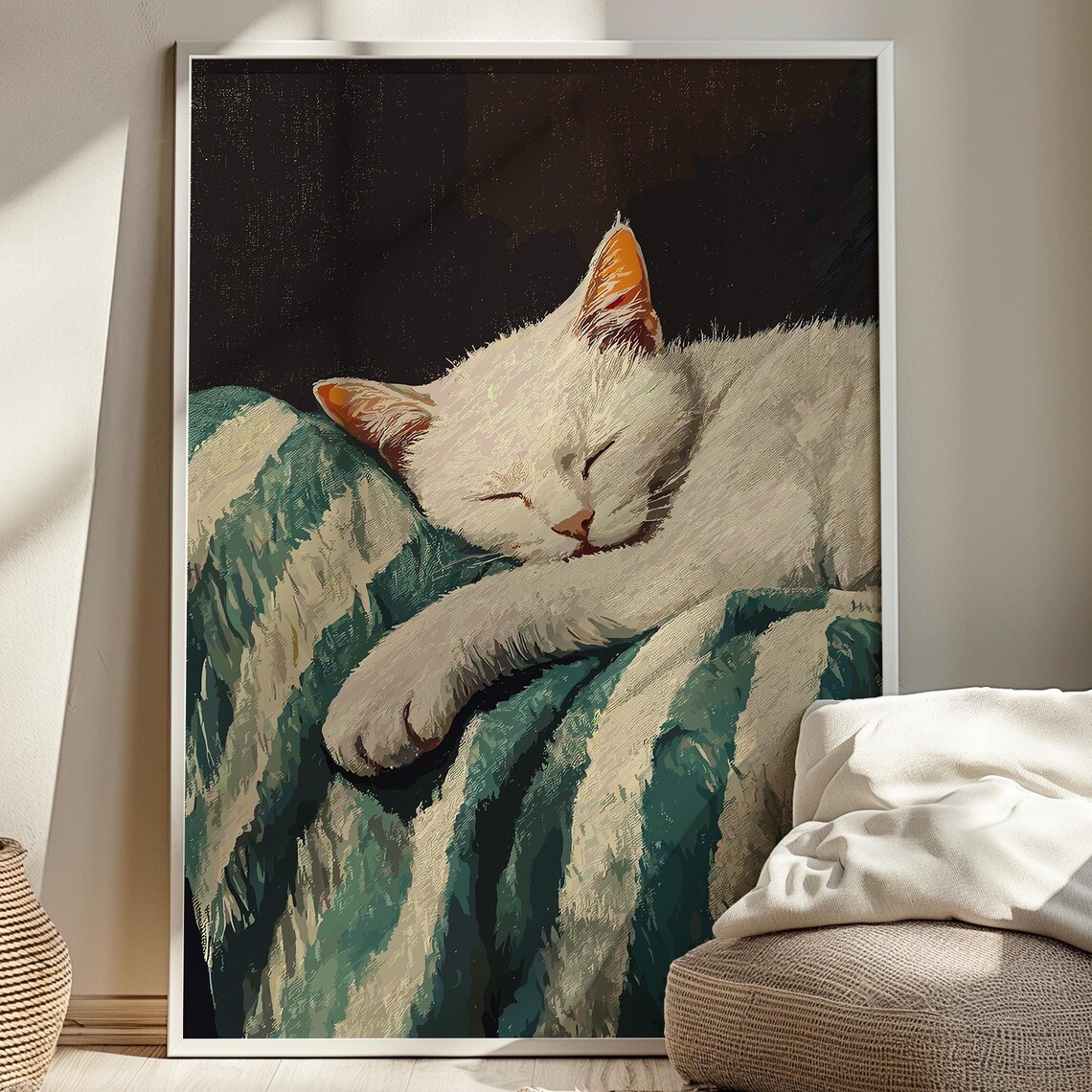 Sleeping White Cat on Green Quilt Cozy Vintage Cat Painting Poster