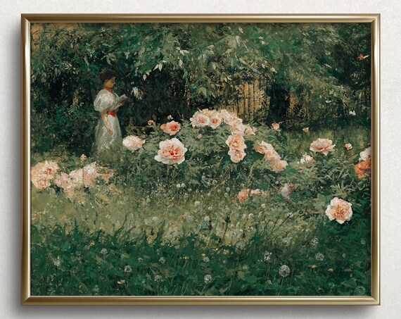 Woman Reading In Rose Garden Dark Green Impressionist Art Poster