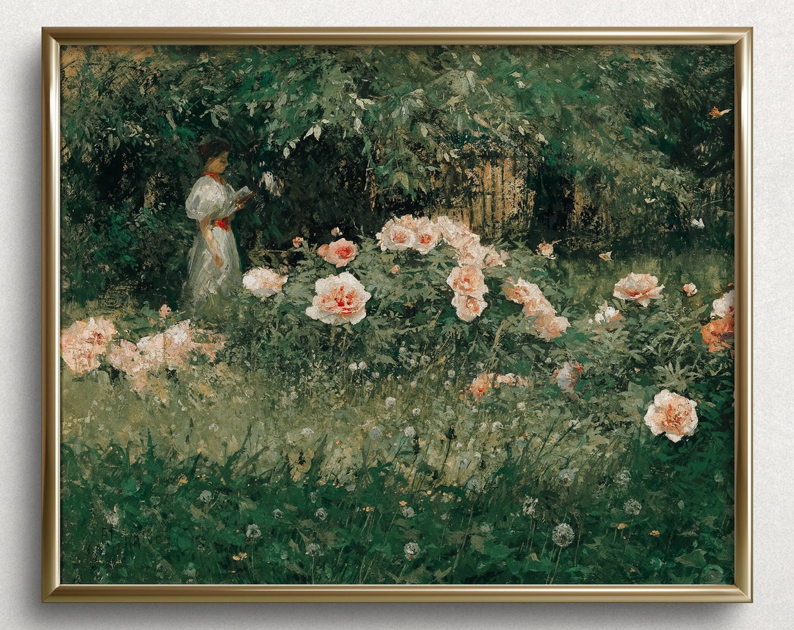 Woman Reading In Rose Garden Dark Green Impressionist Art Poster