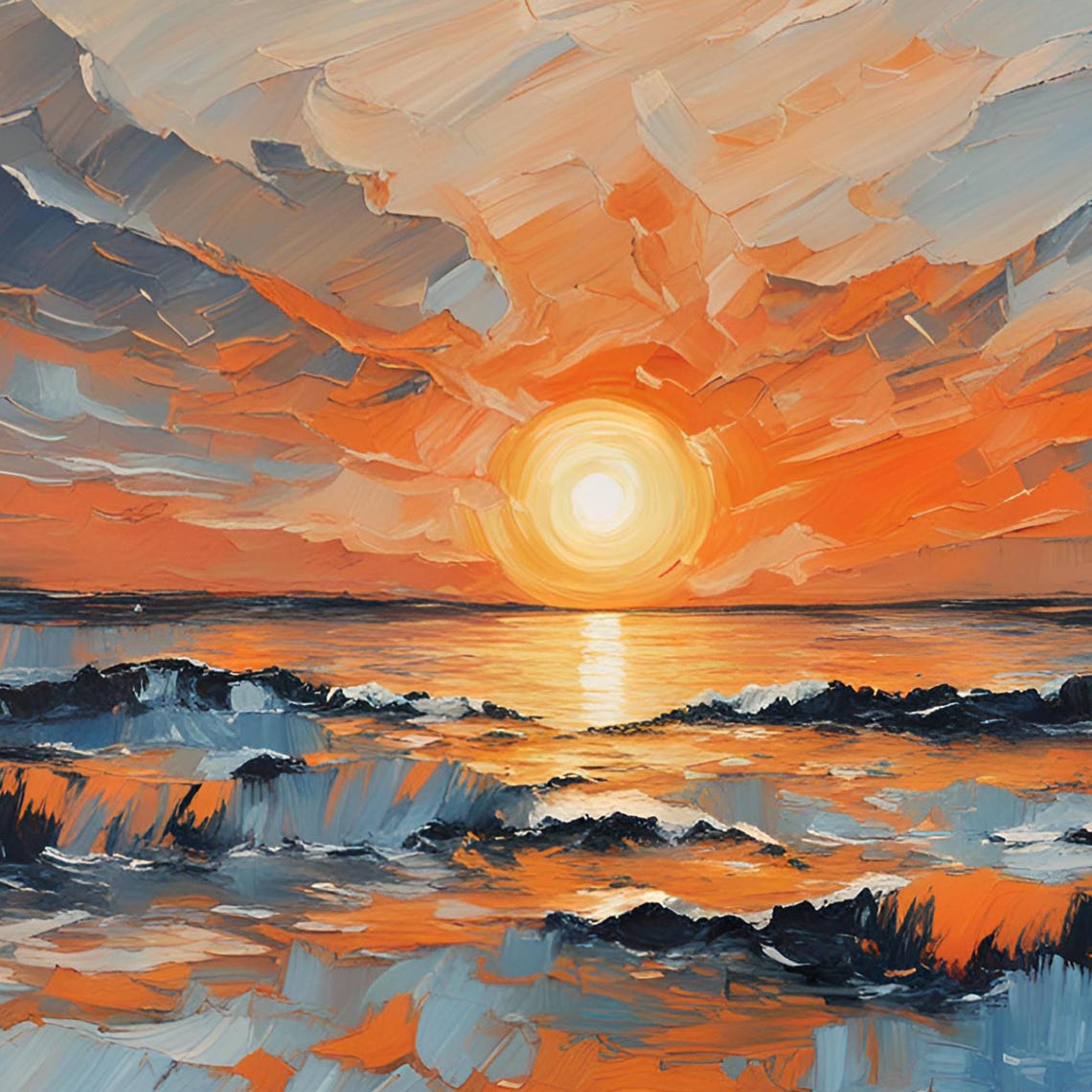 Bold Sunrise Ocean Dark Waves Orange Sky Dramatic Art Poster - Image 6