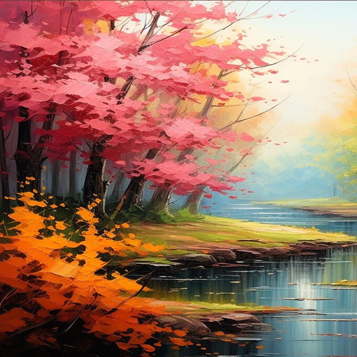 Abstract Nature Landscape Oil Painting On Large Wall Art Original River Art Colorful Tree Wall Art Custom Painting Living Room Decor - Image 6