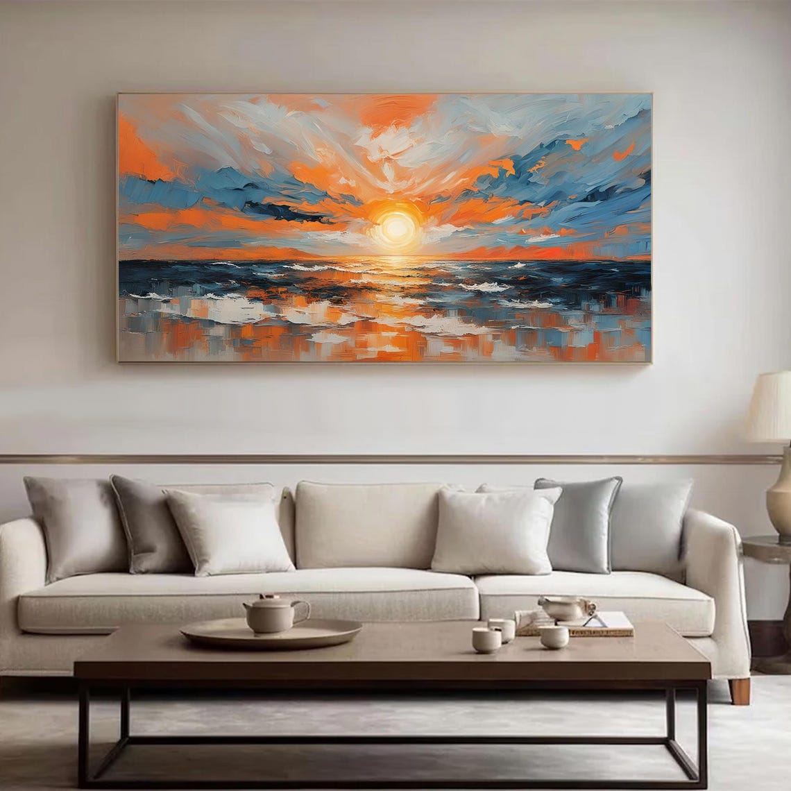Golden Sunset Reflected on Calm Ocean Waves Oil Painting Poster - Image 3