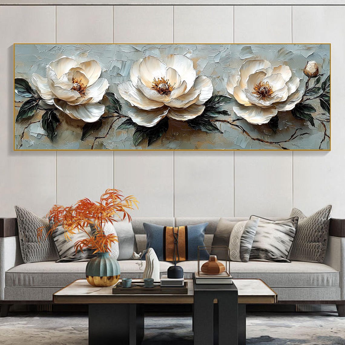Three White Peonies Textured Horizontal Floral Oil Painting Poster - Image 2