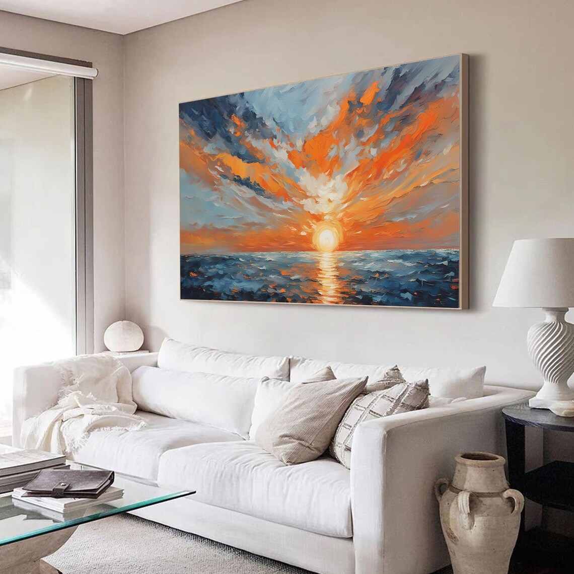 Blazing Orange Sunset Clouds Over the Ocean Oil Painting Poster - Image 3
