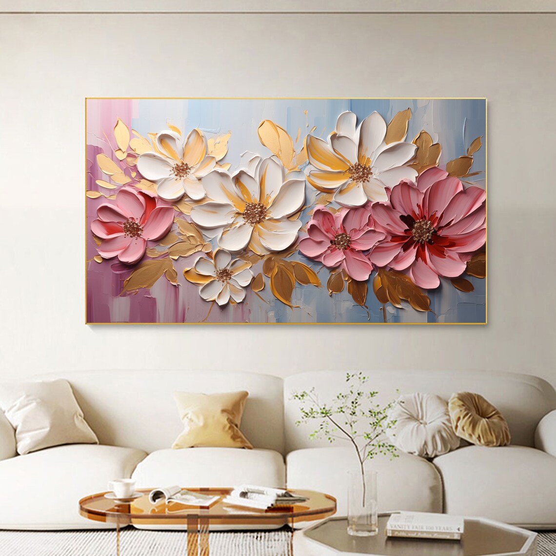 Pink and White Blossoms Gold Leaves Impasto Oil Painting Poster - Image 2