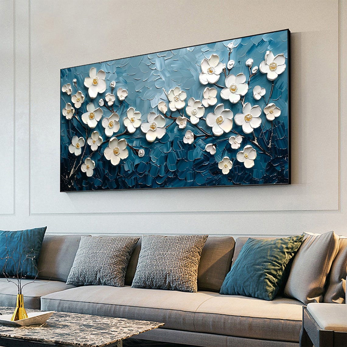 White Blossom Branches on Teal Blue Textured Oil Painting Poster - Image 2