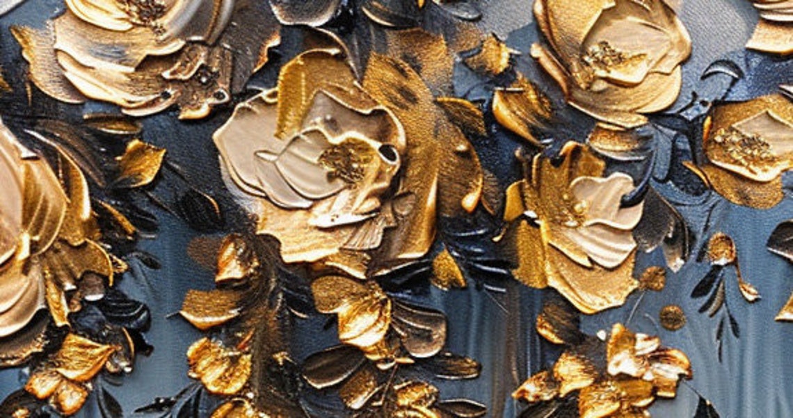 Golden Hanging Flowers Blue Gray Elegant Floral Canvas Poster - Image 5