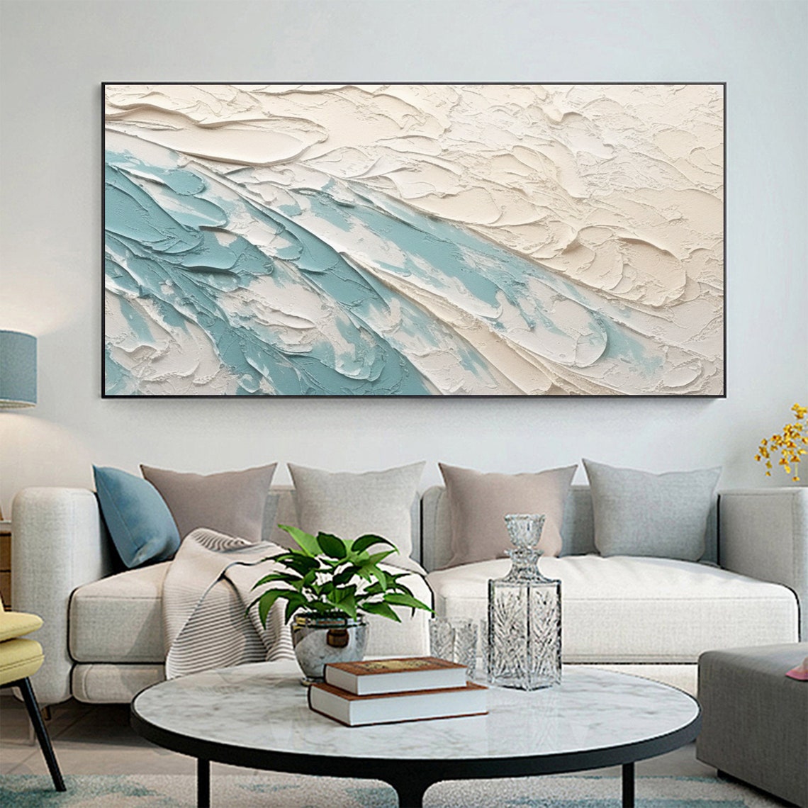 White Teal Ocean Wave Minimalist 3D Textured Abstract Poster - Image 4