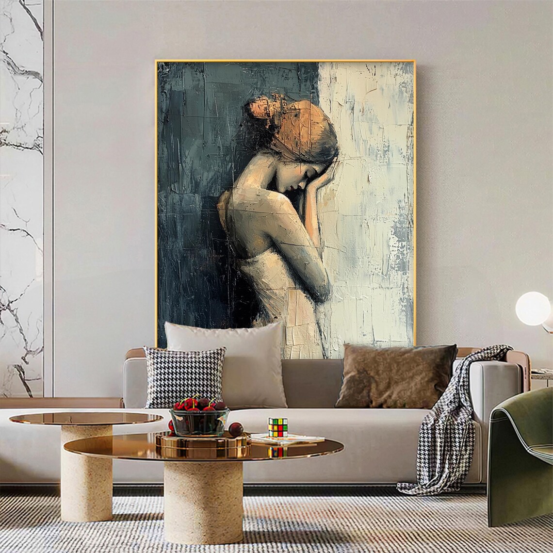 Pensive Blonde Woman Portrait Dark Teal Textured Oil Art Poster - Image 5