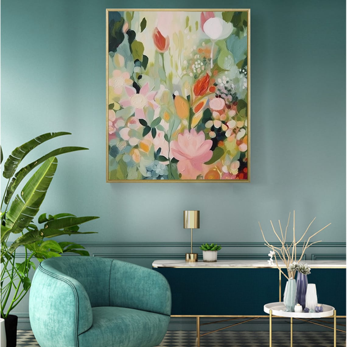 Green Flowers Oil Painting, Abstract Boho Floral Art Print - Image 5