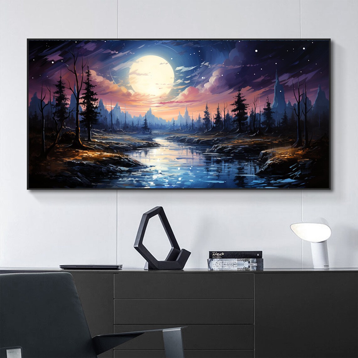 Abstract Night Lake Landscape Oil Painting On Large Wall Art Original Forest Painting Sky Wall Art Boho Wall Decor Living Room Art - Image 7