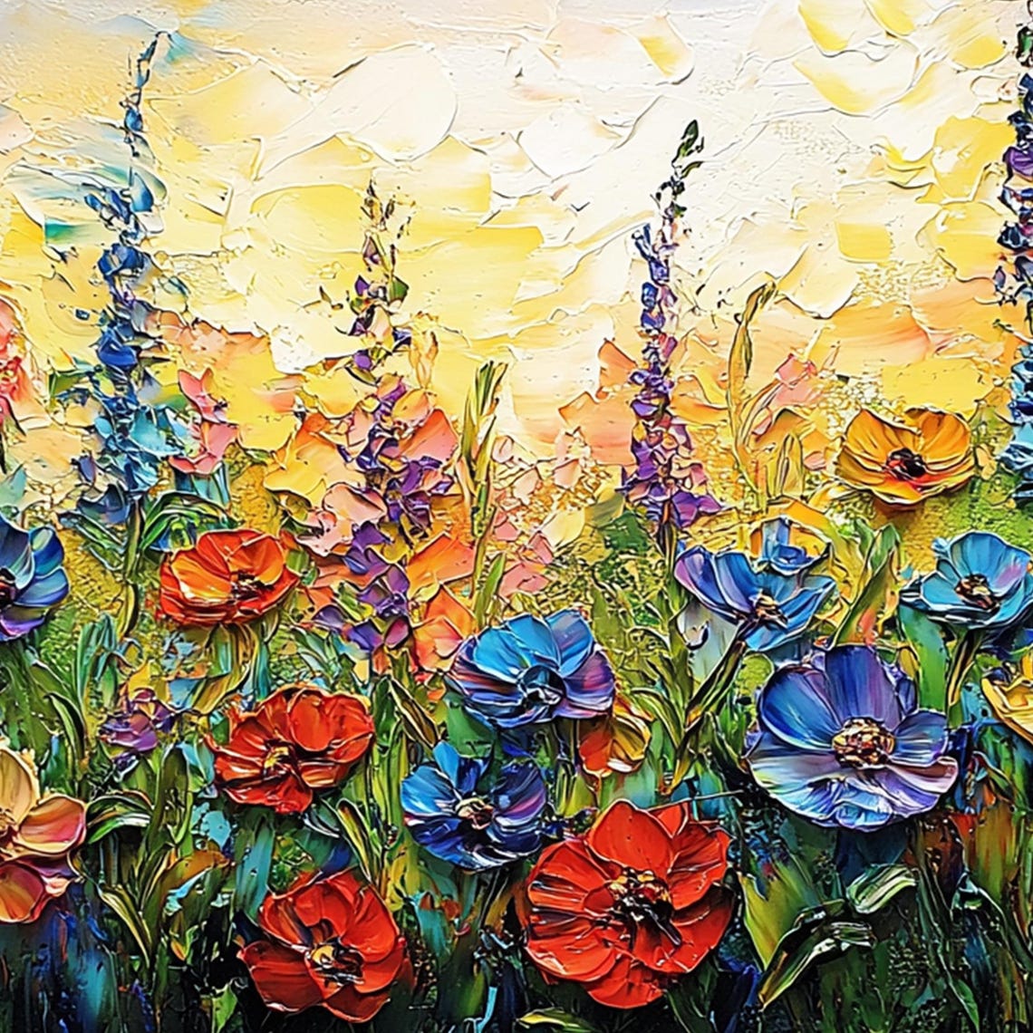 Colorful Wildflower Meadow at Sunset Impasto Oil Painting Poster - Image 8