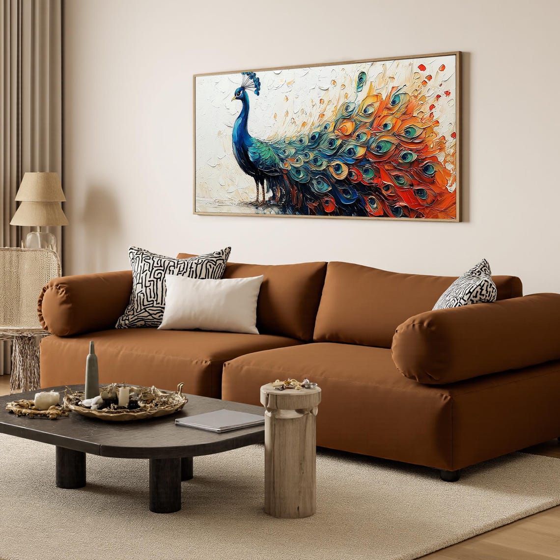 Blue Peacock With Fiery Tail Feathers Textured Oil Painting Poster - Image 6