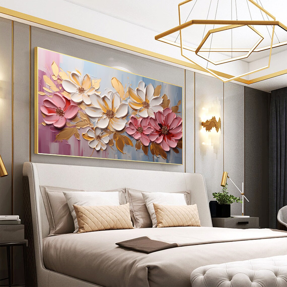Pink and White Blossoms Gold Leaves Impasto Oil Painting Poster - Image 8