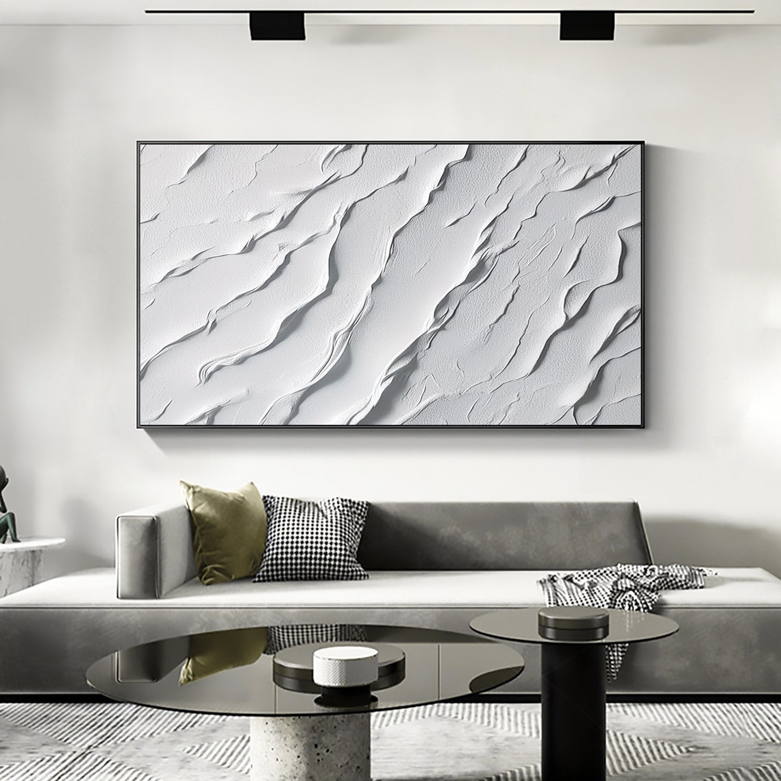 White 3D Textured Wave Abstract Minimalist Oil Painting Poster - Image 8