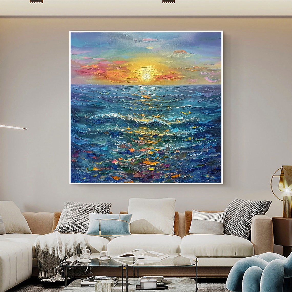 Bright Sun Over Textured Blue Ocean Waves Seascape Oil Painting Poster - Image 4