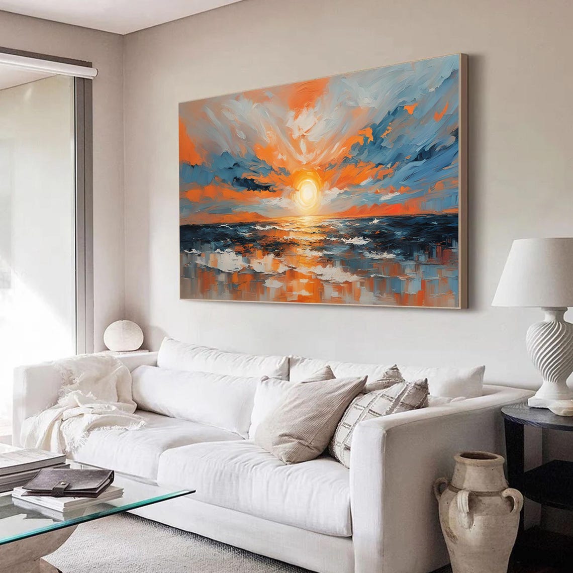 Golden Sunset Reflected on Calm Ocean Waves Oil Painting Poster - Image 2