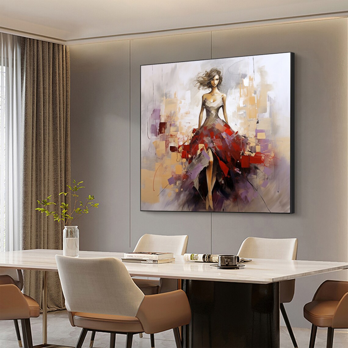 Woman in Red Gown Flowing Abstract Fashion Portrait Art Poster - Image 2
