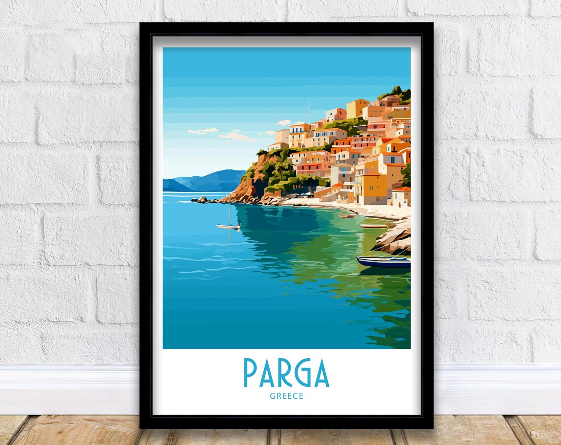 Parga Greece Cliffside Town Turquoise Bay Sailboats Travel Art Poster
