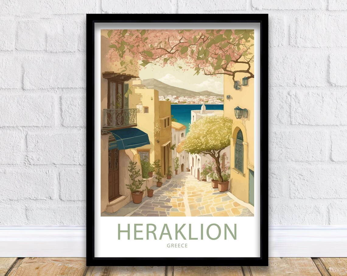 Heraklion Greece Blossom Street Sea View Retro Travel Poster