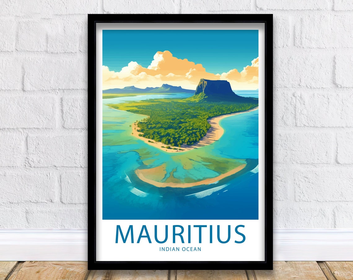 Mauritius Indian Ocean Island Lagoon Aerial Illustrated Travel Poster