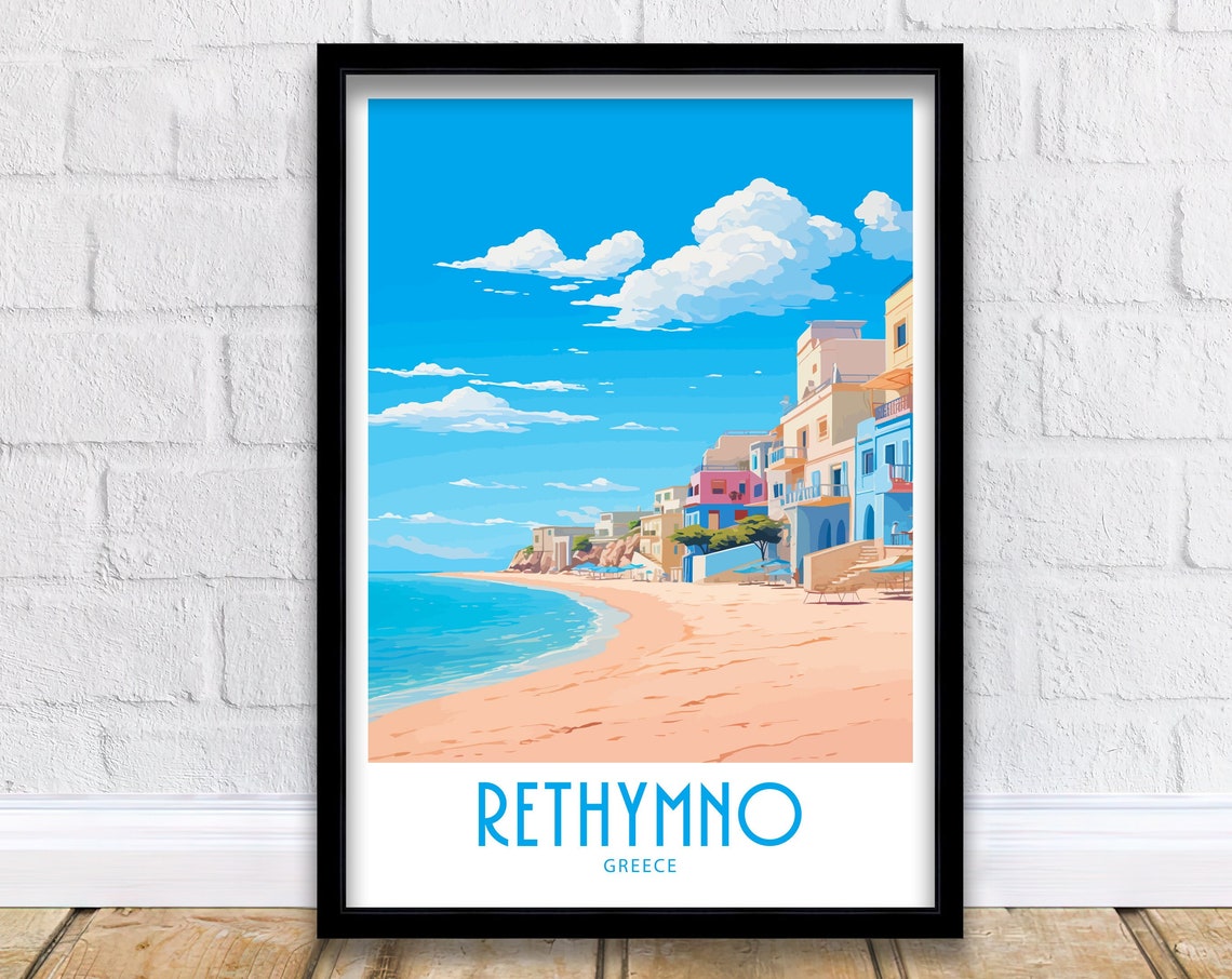 Rethymno Greece Sandy Beach Colorful Hillside Buildings Summer Poster