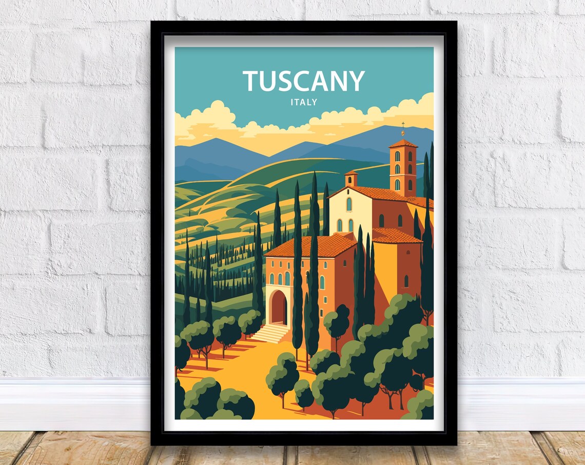 Tuscany Italy Cypress Hills Church Rolling Countryside Travel Poster