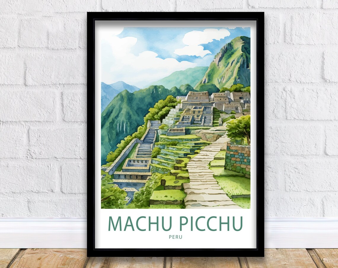 Machu Picchu Peru Stone Terraces Watercolor Illustrated Travel Poster
