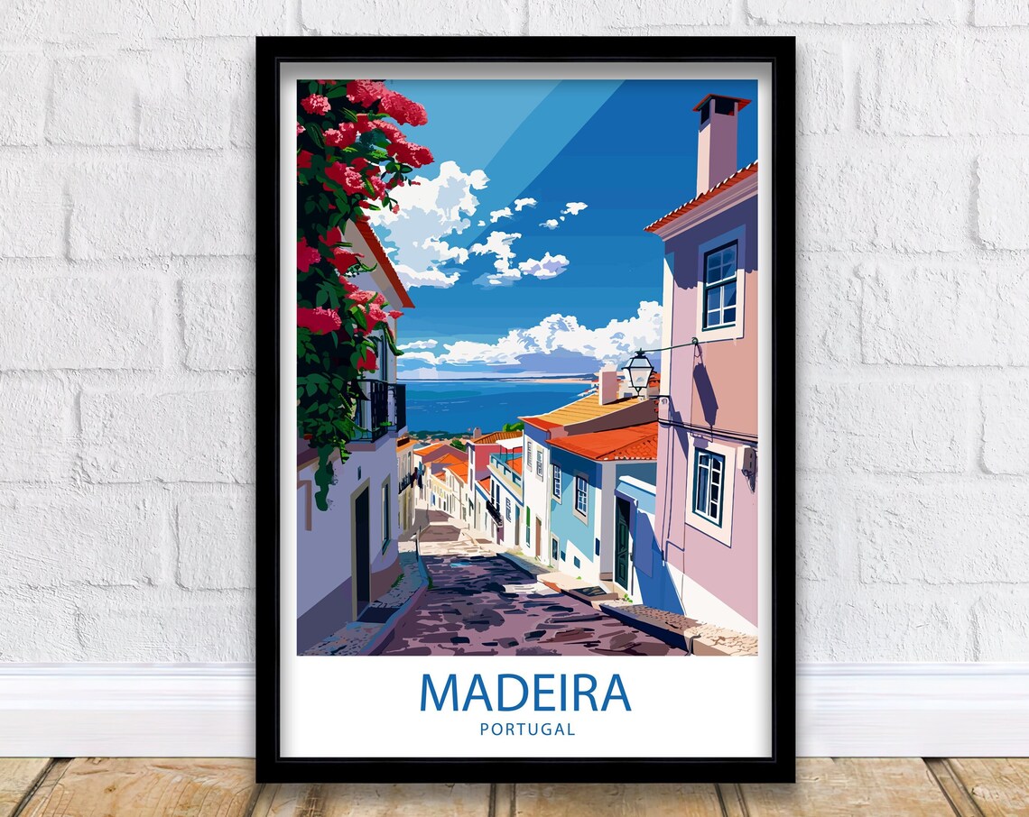 Madeira Portugal Cobblestone Street with Bougainvillea Sea View Poster - Image 5