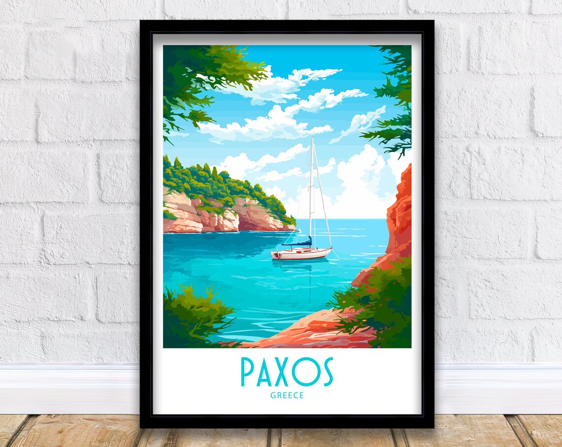 Paxos Greece Sailboat Cove Red Cliff Bay Turquoise Water View Poster
