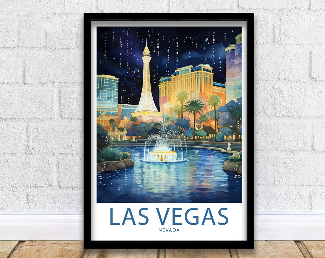 Las Vegas Nevada Eiffel Tower Pond Fountain Night Lights Poster