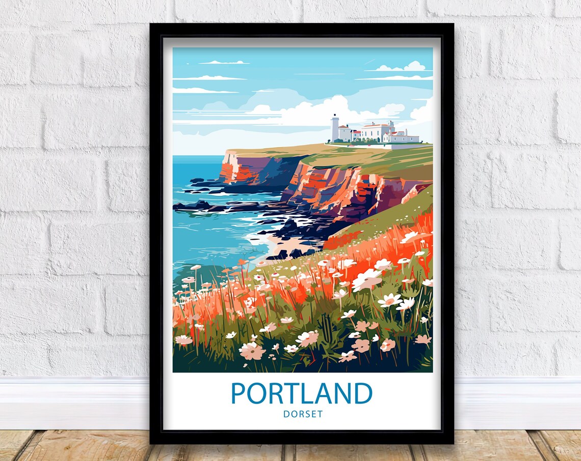 Portland Dorset Cliff Top Lighthouse Wildflower Coast Travel Poster