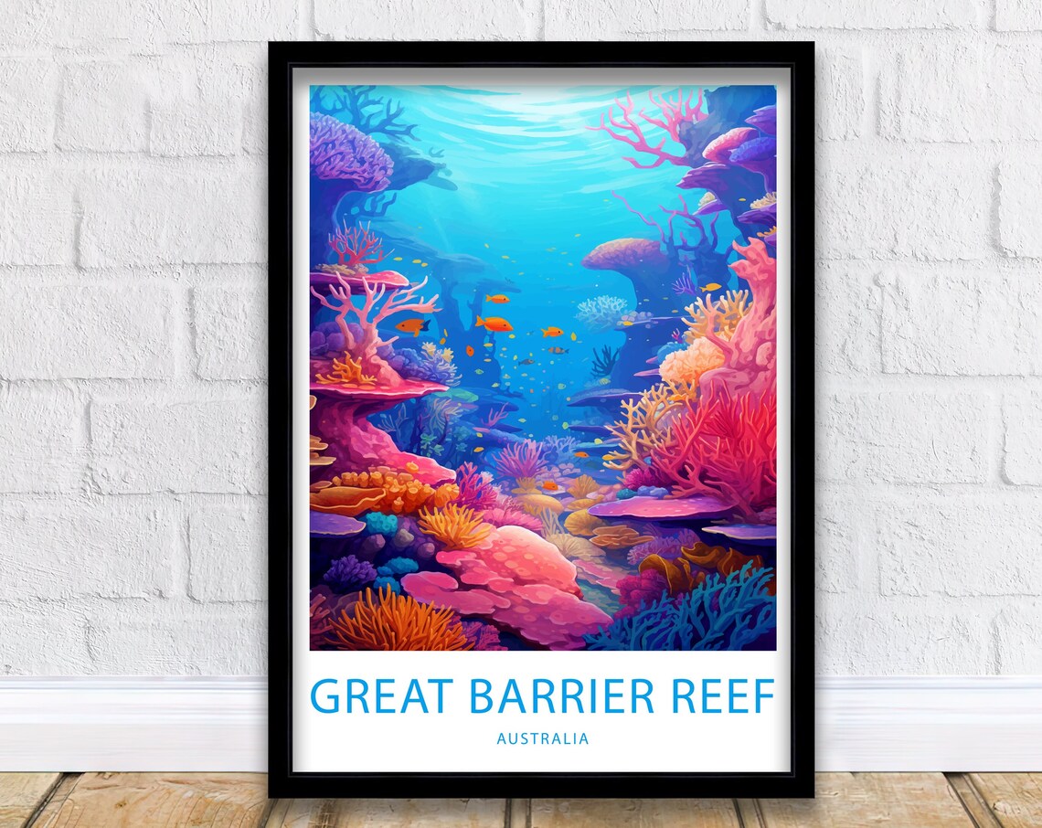 Great Barrier Reef Australia Coral Ocean Illustrated Travel Poster
