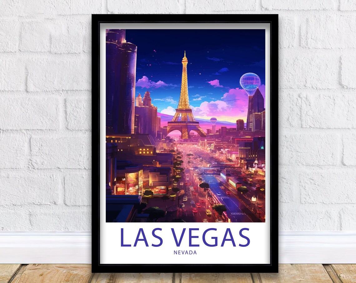 Las Vegas Nevada Neon Strip Eiffel Tower Night Glow Art Poster