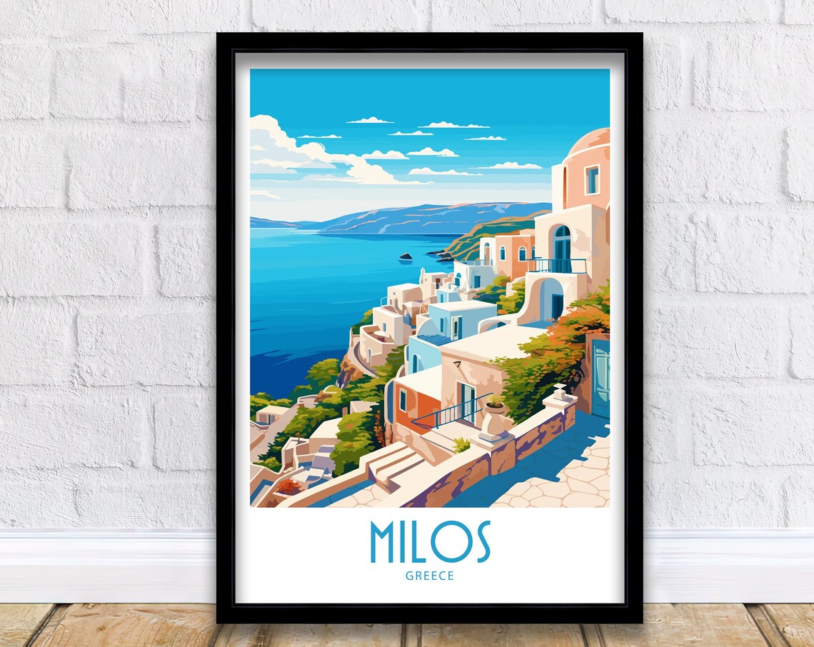 Milos Greece Hilltop Village Caldera Bay Blue Sea Travel Art Poster