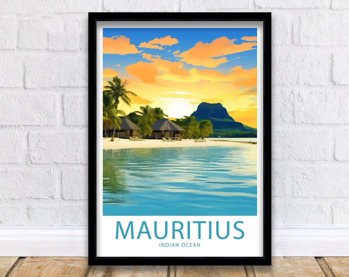 Mauritius Indian Ocean Beach Huts Lagoon Illustrated Travel Poster
