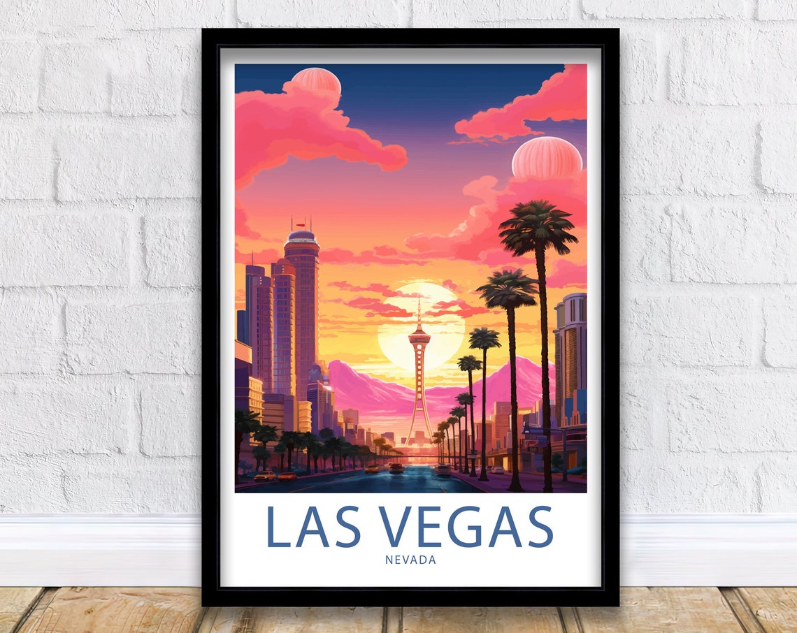 Las Vegas Nevada Sunset STRAT Tower Palm Trees Pink Sky Art Poster