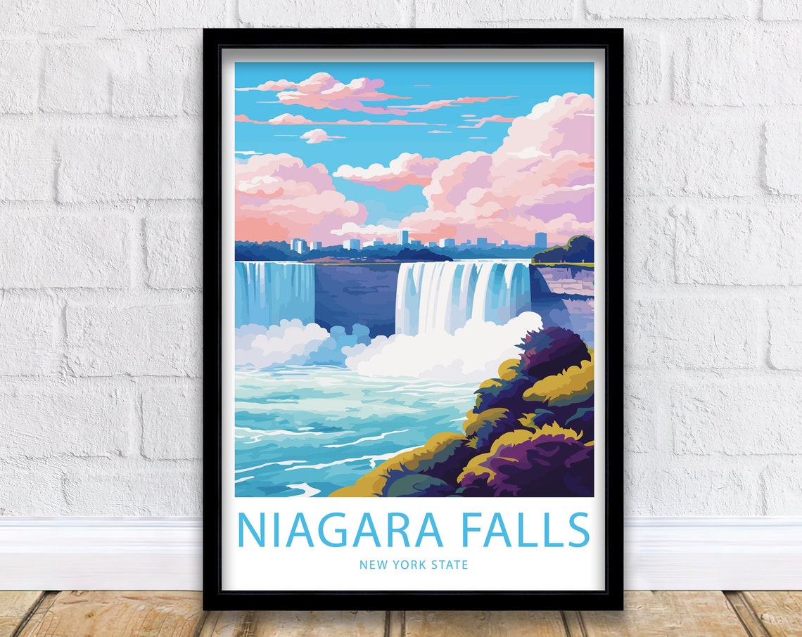 Niagara Falls New York State Falls Pink Sky Illustrated Travel Poster