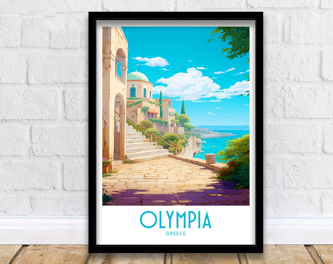 Olympia Greece Stone Courtyard Domed Chapel Sea View Travel Art Poster