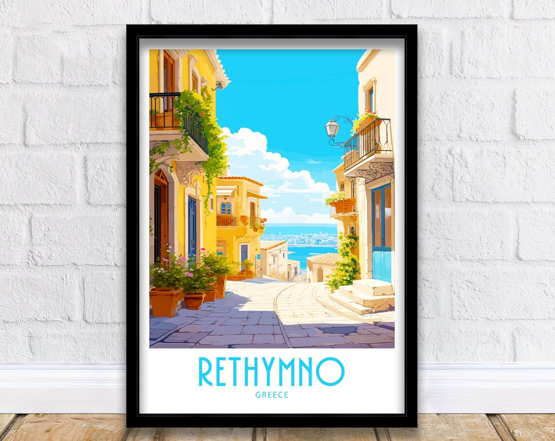 Rethymno Greece Old Town Cobblestone Street Sea View Alleyway Poster
