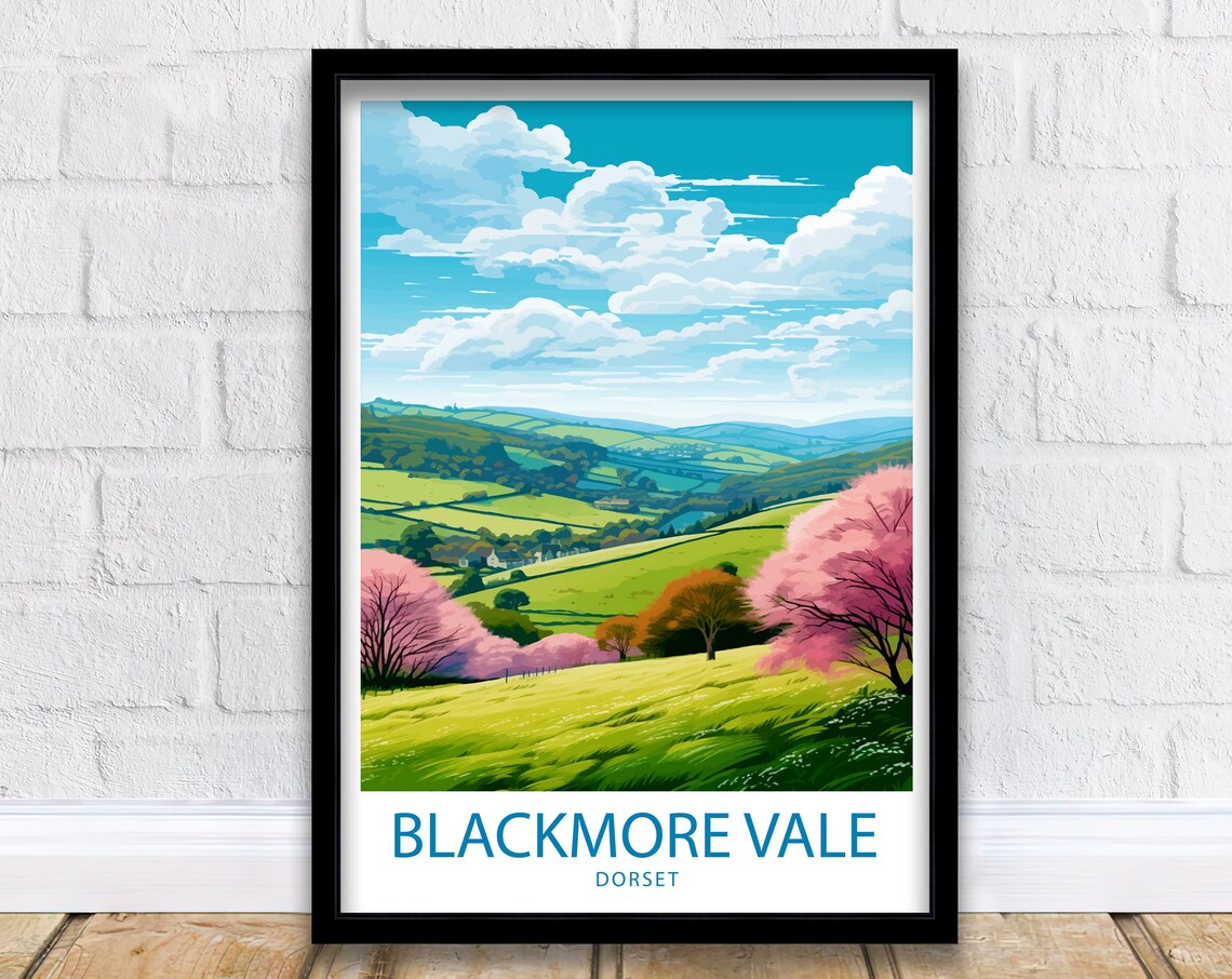Blackmore Vale Dorset Rolling Hills Blossom Illustrated Travel Poster