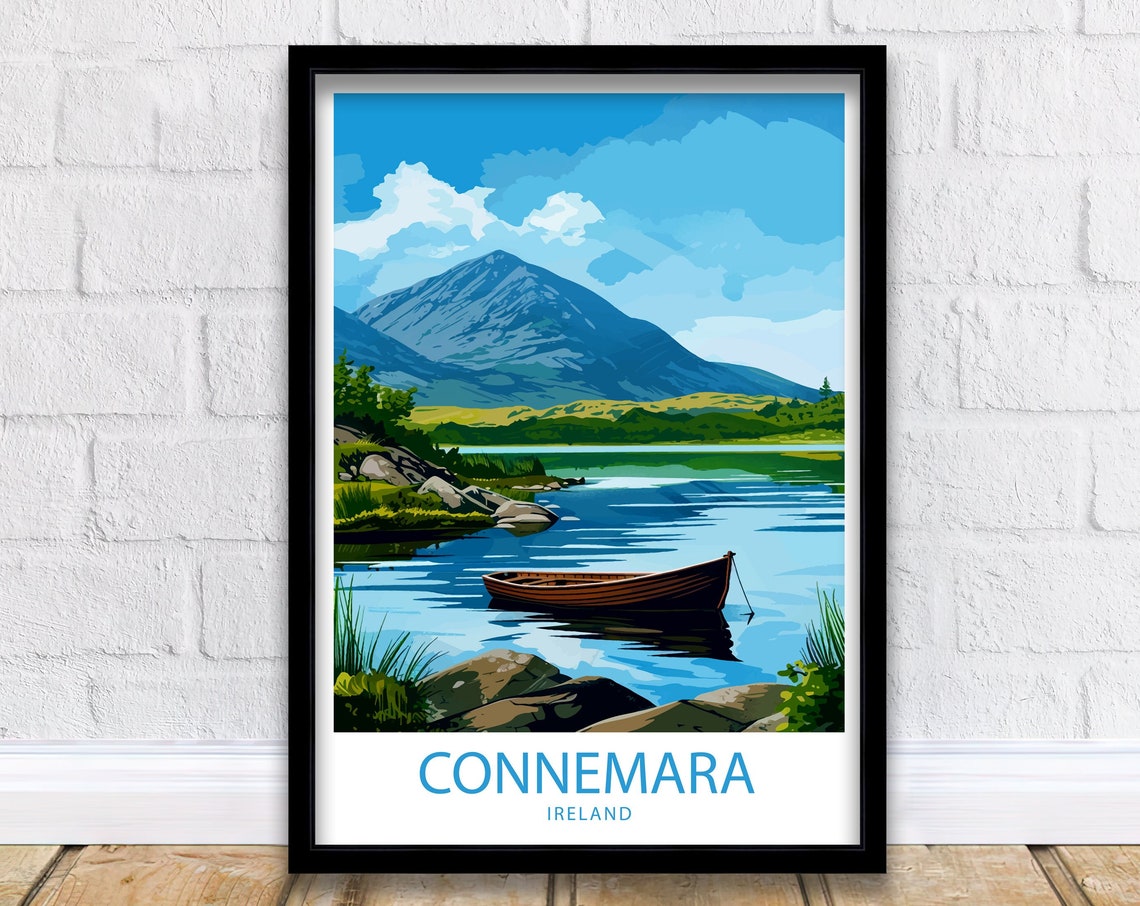 Connemara Ireland Rowboat on a Still Lake Beneath a Mountain Poster