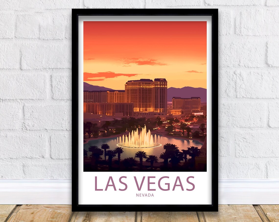 Las Vegas Nevada Bellagio Fountains Dusk Water Show Skyline Poster