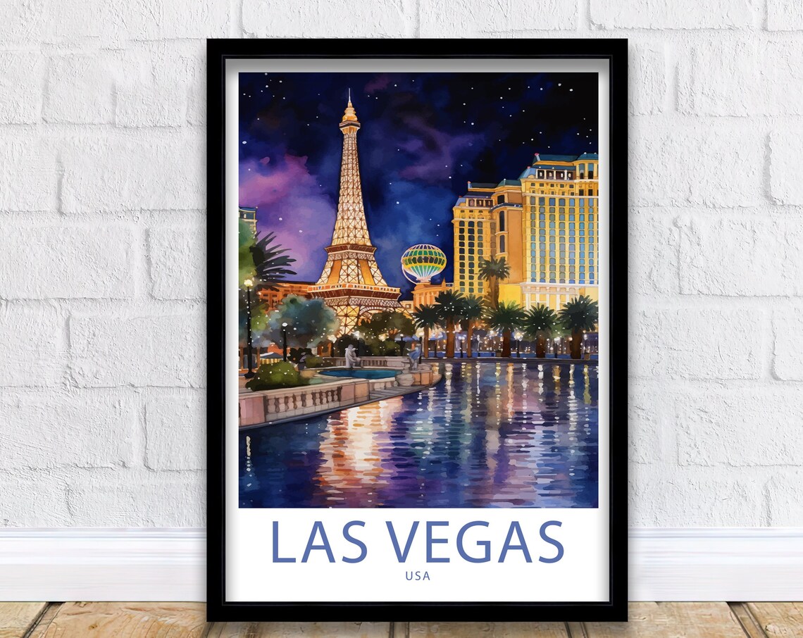 Las Vegas USA Paris Tower Night Skyline Reflection Pool Poster