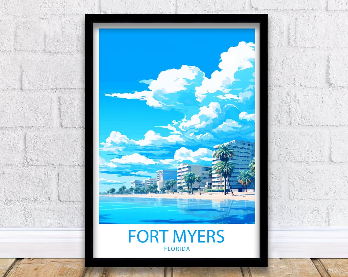 Fort Myers Florida Beachfront Skyline Palms Retro Travel Art Poster