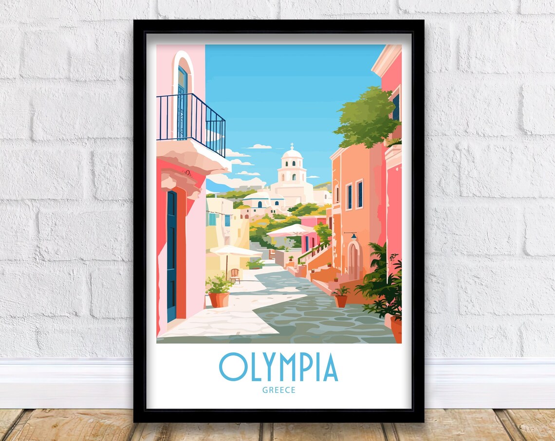 Olympia Greece Pink Street White Church Dome Sunny Village Art Poster