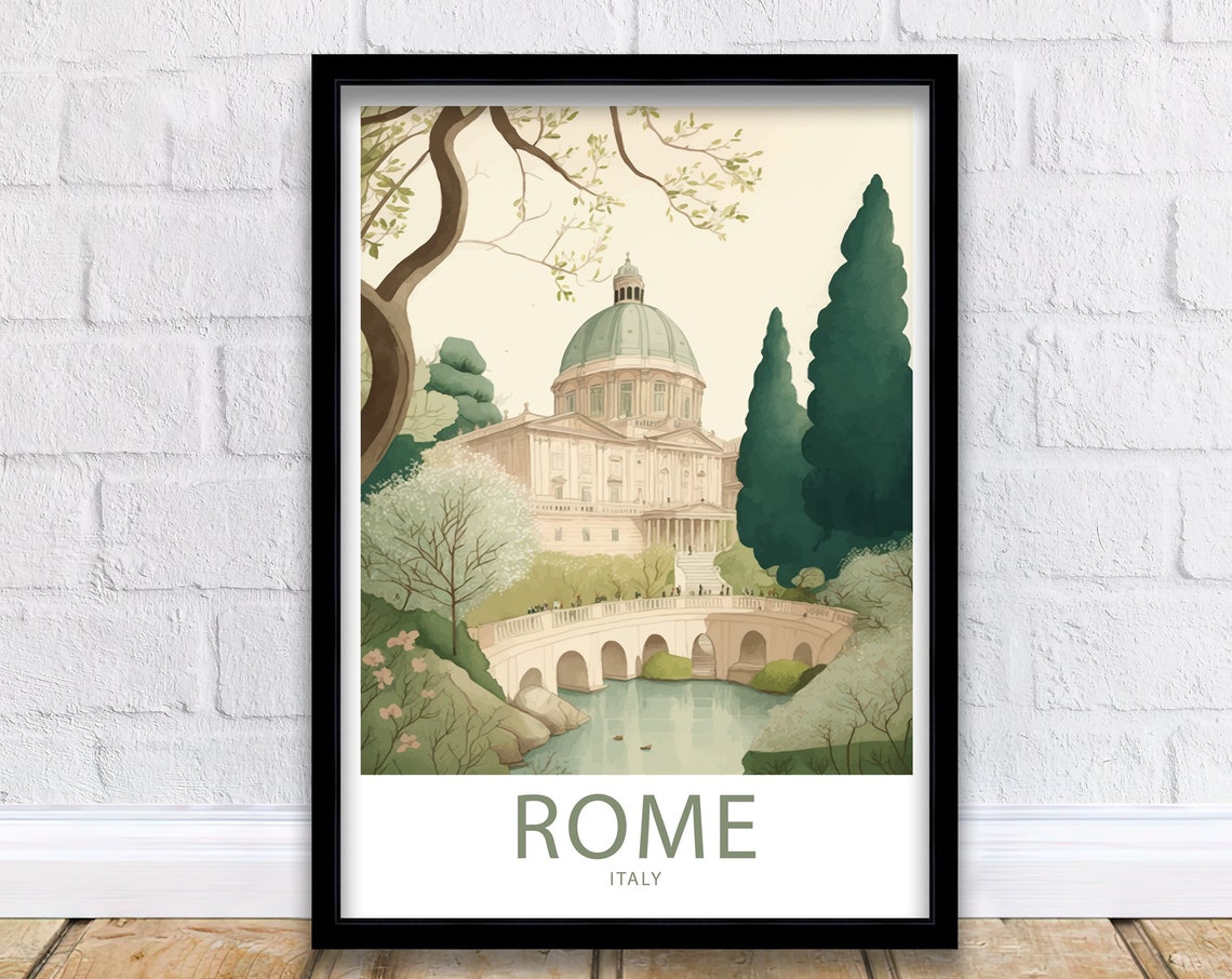 Rome Italy Domed Basilica Bridge Garden Historic City Art Poster